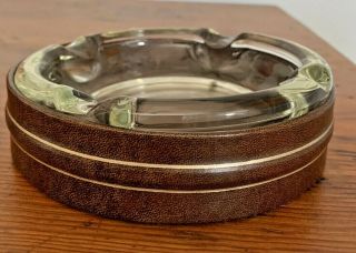 Vtg Clear Thick Solid Art Glass Cigarette/cigar Ashtray W/leather Holder 40 - 50 