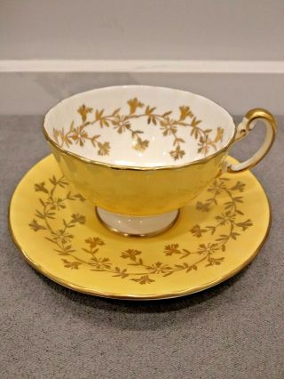 Vintage Aynsley Bone China Teacup And Saucer Gold Floral On Yellow C2312 England