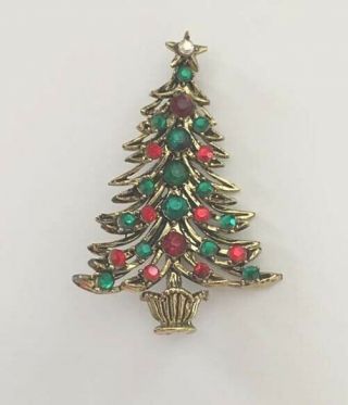 Vintage Hollycraft Christmas Tree Red Green Rhinestone Crystal Pin Brooch