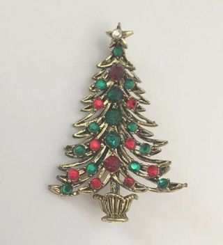 Vintage HOLLYCRAFT Christmas Tree Red Green Rhinestone Crystal Pin Brooch 2