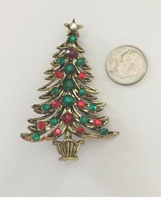 Vintage HOLLYCRAFT Christmas Tree Red Green Rhinestone Crystal Pin Brooch 3