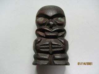 Vintage Hand Carved Wood Tribal Tiki Figurine With Mother Of Pearl Eyes
