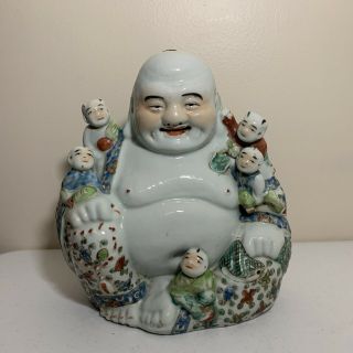 Vintage Chinese Porcelain Laughing Buddha Figure 5 Children 10.  5” Impressed Mark