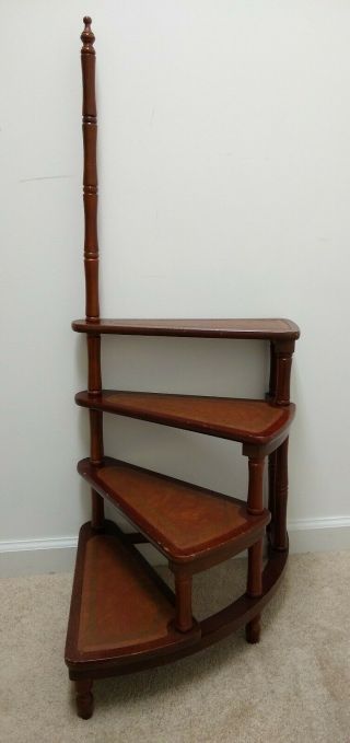Vintage Wooden Library Spiral Stairs Step Stool Ladder With Leather Inlay Treads