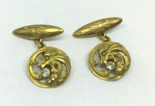 Antique 18kt Gold Dragon Cufflinks With 0.  20´ct Diamonds