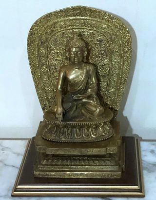 Antique Gilt Solid Bronze Statue Of Buddha Seated On Throne - From India