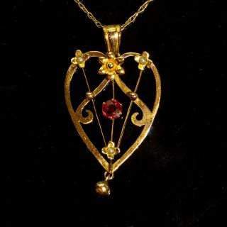 Antique Victorian Natural Red Spinel & Seed Pearl 9ct Gold Floral Necklace 18 "