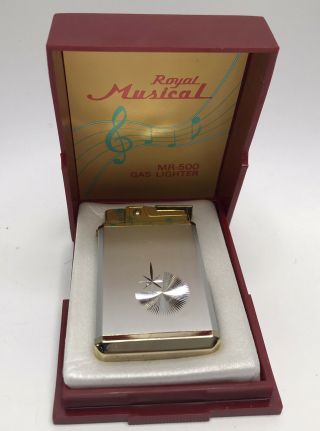 Vtg Royal Wind Up Musical Gas Lighter Mr - 500 Silver Tone Anniversary Song