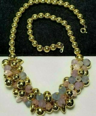 Vintage Gold Pink Blue Moon Glow Frosted Beaded Necklace