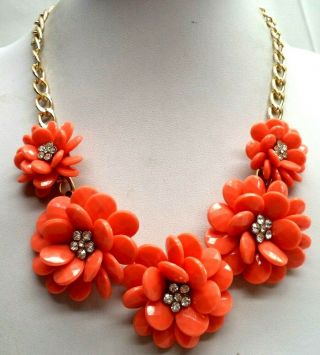 Stunning Vintage Estate Chunky Coral Tone Rhinestone Flower 20 " Necklace 4006t