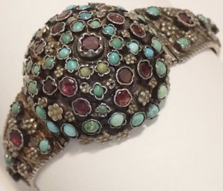 Antique Austro Hungarian Gilt 800 Fine Silver Garnet Persian Turquoise Bracelet