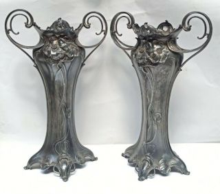 Antique Art Nouveau Wmf Style Pewter Vases