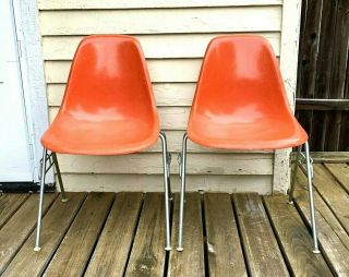 2 Vintage Eames Herman Miller Shell Chairs Orange 60s Mid Century Modern