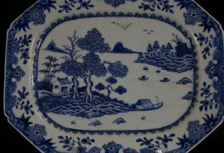 HUGE Antique Chinese Blue and White Porcelain Pavilion Meat Plate Charger 18th C 6