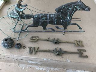 Vintage Copper Sulky Jockey Horse Racing Carriage Weathervane With Brass N.  E.  S.  W