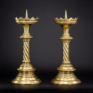 Candlestick Pair Gilt Bronze | 2 Gilded Candle Holder Antique Gothic French 16 "