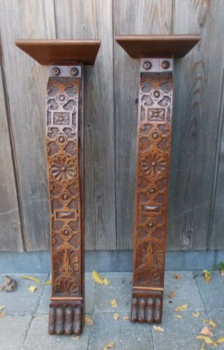 Pair Large Carved Antique Oak Corbels Hand Carved Wood Pediments Architectural