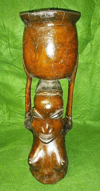 Vintage African Hand Carved Wooden Figure With Bowl / Candleholder Tribal Art