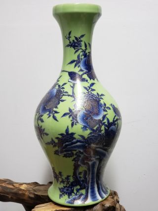 Fine Large Chinese Apple Green Base Porcelain Vase Marked