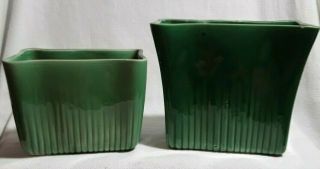 Set Of 2 Vintage Usa Pottery Mid Century Green Rectangular Ribbed Planters Vases