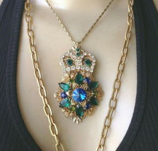 Vintage Necklace Crowned Victorian Revival Green Rhinestone Pendant Fancy Chains