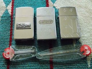 3 Vintage Slim Zippo Cigarette Lighters Salem Conoco & 16 Flints