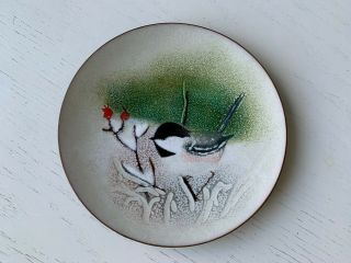 Vtg Mid - Century Norman Brumm Enamel On Copper 6 " Plate Chickadee Bird & Berries