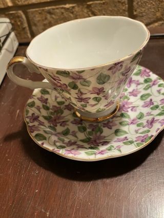 Vintage Lefton China Hand Painted Tea Cup And Saucer Purple Flowers Gold Gild