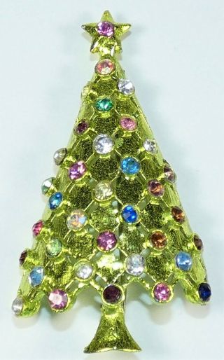 Vintage Signed Mylu Christmas Tree Pin Brooch Enamel Rhinestones