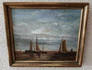 Antique Maritime Seascape Oil Painting Fishermen At Sea In Sailboats Signed Art