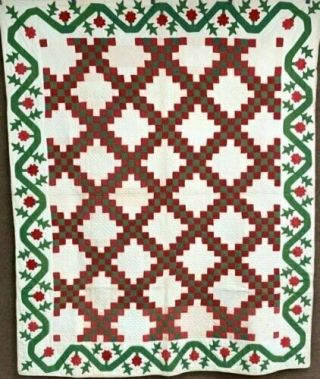 Christmas Perfect C 1870 - 80s Irish Chain Quilt Great Border Red Green