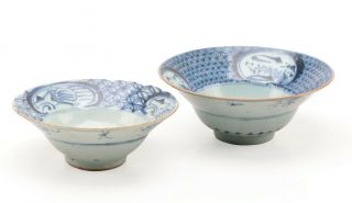 Chinese Blue And White Porcelain Bowls,  Antique Late Ming To Transitional Period