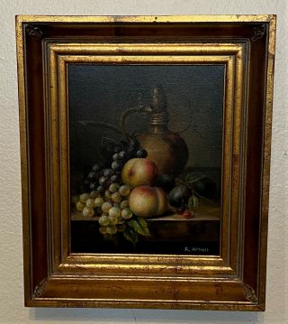 Antique 19th C Gold Framed Signed Oil On Canvas Still Life Painting - R.  Amini