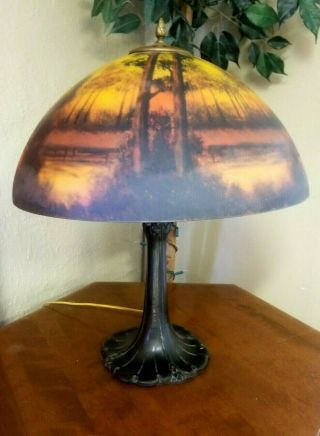 Antique Pittsburgh Arrowroot Lamp With Reverse Painted Shade Evening Forest
