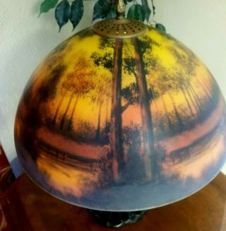 ANTIQUE PITTSBURGH ARROWROOT LAMP with Reverse Painted Shade Evening Forest 2
