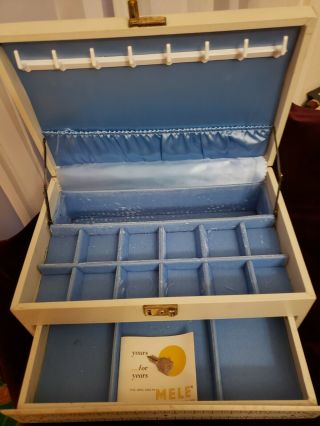 Vintage Swiss Cream Jewelry Box Thorens Leather Gold Blue Velvet Drawer W Key