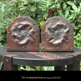 Antique Arts & Crafts Mission Hammered Copper Roycroft Poppy Bookends