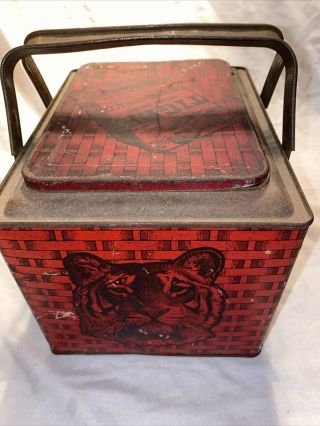 Antique Advertising Red Tiger Brand Tobacco Tin Litho Lunch Pail Style W/handle
