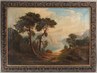 Large Antique 18thc Early European Mountain Lake Landscape O/c Oil Painting Nr