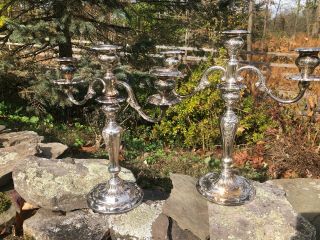 Set Of 2 Gorham Yc3033 3 Branch Candelabra Silver Plated Candlesticks Vintage