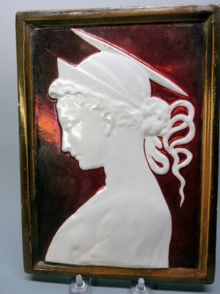 Antique Cantagalli Italian art pottery portrait plaque or tile with label 9 5/8 
