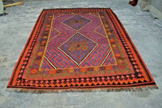 F435 Vintage Handmade Afghan Tribal Maimana Wool Area Kelim Rug 6 