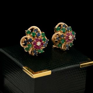 Antique Vintage Deco Retro 14k Yellow Gold Diamond Ruby Emerald Cluster Earrings