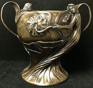 Large Antique Vintage Bronze Figural Art Nouveau Woman Handled Decorative Vase