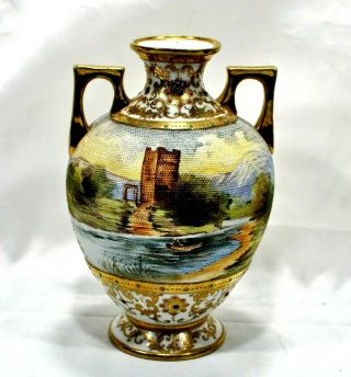 Gorgeous Antique Nippon Jeweled Vase Hand W/hand Painted Landscape