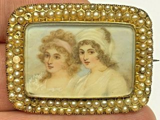 Antique Georgian Hand Painted Portrait Miniature 15c Gold Pearl Mourning Brooch