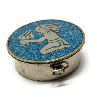 Vintage Pill Snuff Box Turquoise Chip Inlay Mexico Alpaca Silver Fire Ceremony