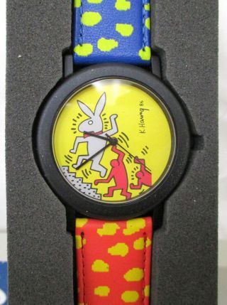 Keith Haring " Bunny On The Move " Quartz Watch Leather Band Unisex 1991 Nib