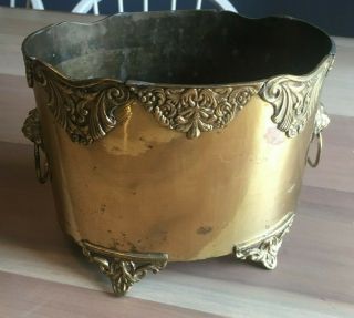 Vintage Solid Brass Planter Pot W/lion Heads Ring Handles Footed
