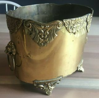 Vintage Solid Brass Planter Pot w/Lion Heads Ring Handles Footed 2
